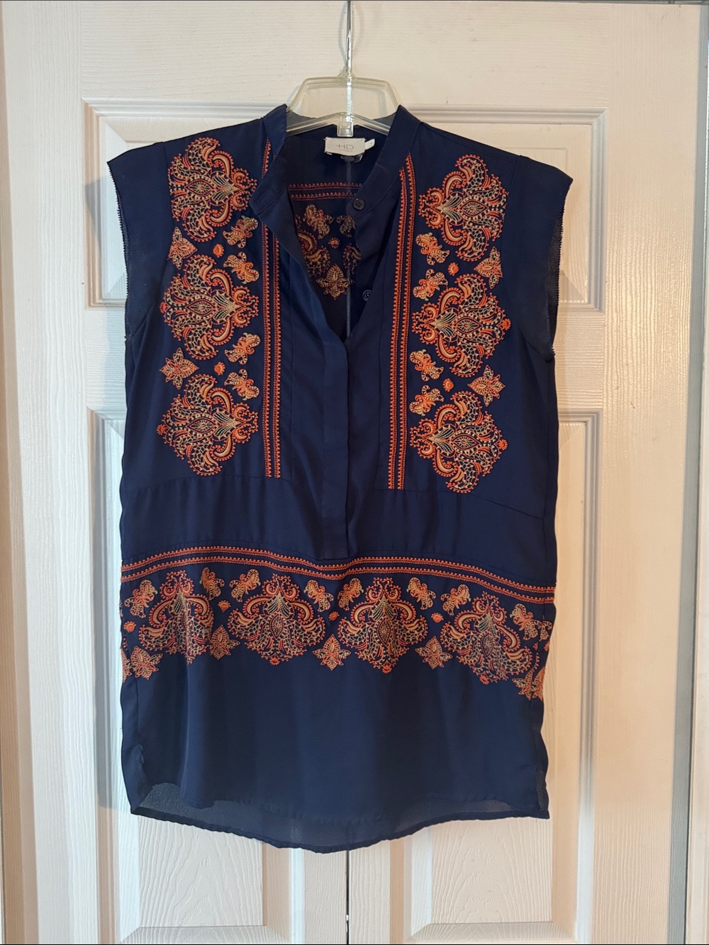 Anthropologie Navy Sleeveless Tunic with Orange Paisley Embroidery